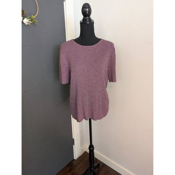 Laura Scott Tops - Vintage Laura Scott Women's Ribbed Knit Marled Purple Short‎ Sleeve Sweater - XL